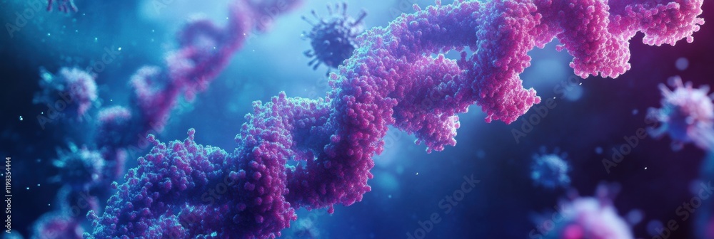 Fototapeta premium Close up view of an RNA chain intertwined with surrounding viruses in a vibrant microscopic environment. Generative AI