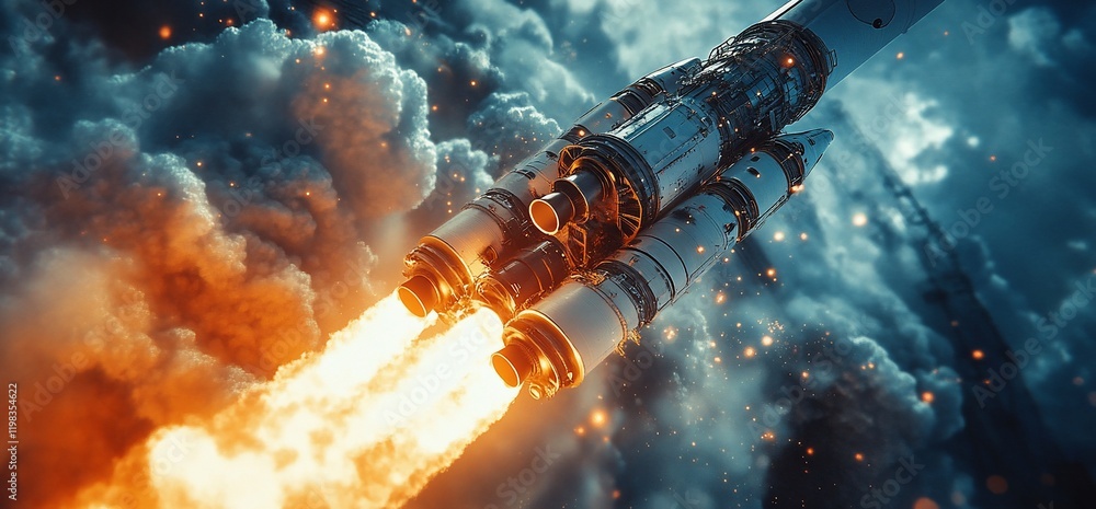 Rocket launch, fiery engines, cosmic background, space travel concept Rocket launch, fiery engines, cosmic background, space travel concept