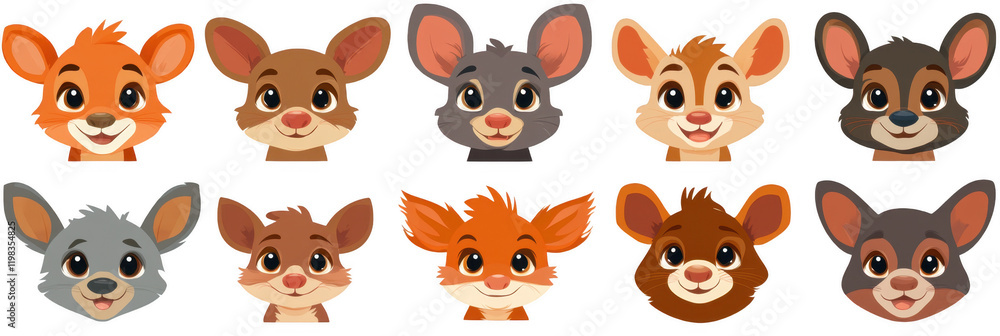 Obraz premium Cute cartoon animal faces featuring various expressions and colors, including orange, brown, and gray. Perfect for children designs and playful themes