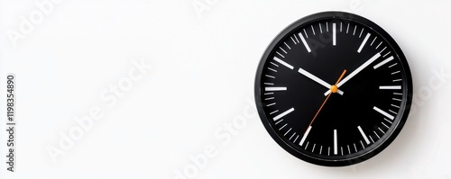 Modern black wall clock showing time against a white background.