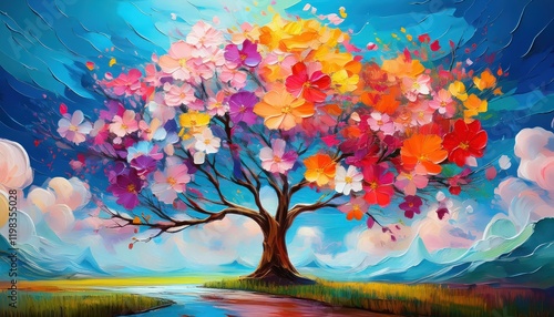 Vivid Oil Painting Flowering Tree Amidst a Stunning Blue Skyscape, Depicting Natures Vibrancy and Serenity