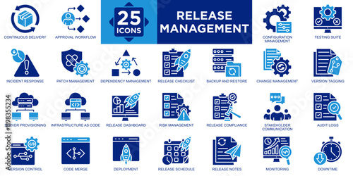 release management, process, technology, software, deployment, project icon set. Outline icons collection. Simple vector illustration	
