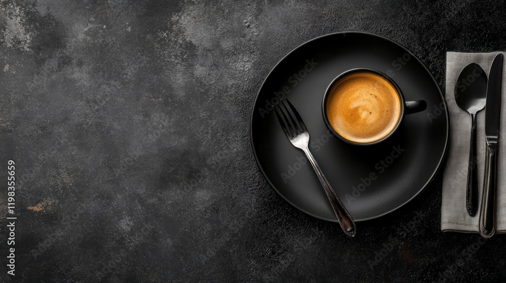 Obraz premium Dark Elegance: A Single Cup of Espresso on Black Plate with Cutlery