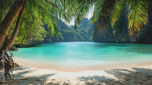 Sandy beach with clear blue water under bright sky perfect summer vacation spot for relaxation swimming and enjoying natures beauty ideal destination for travel enthusiasts photo