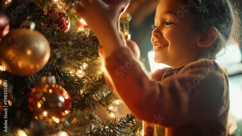 A joyful girl decorating a Christmas tree, showcasing her excitement and festive spirit, capturing a warm holiday atmosphere.