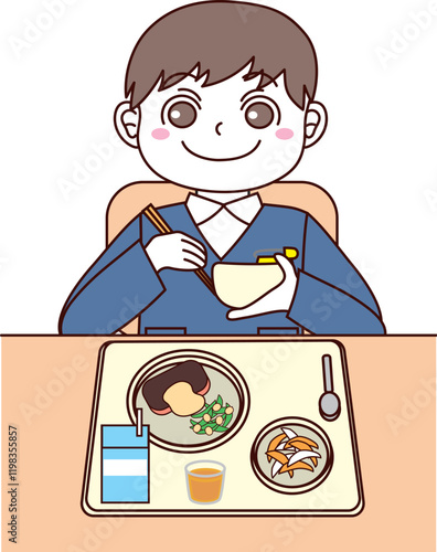 楽しく給食を食べる男の子のイラスト