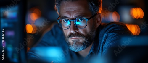 Focused man working late at night on computer.