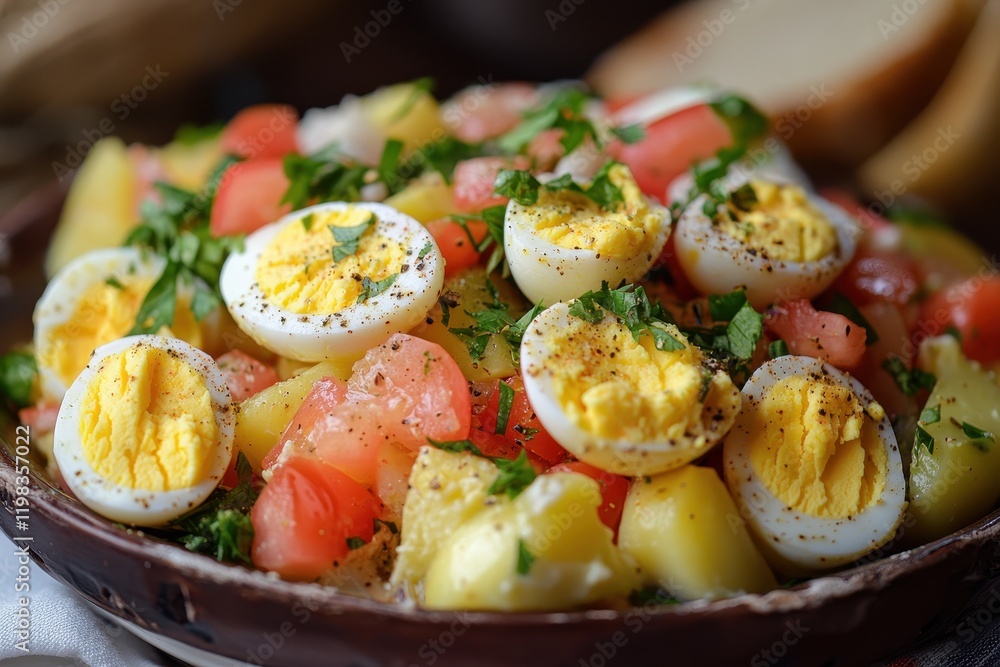 Tasty egg salad manakish with various toppings Tasty egg salad manakish with various toppings