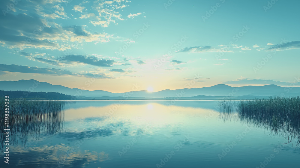 Fototapeta premium Tranquil lake view with tranquil reeds in the water reflecting natures beauty and serenity perfect for landscape photography and outdoor enthusiasts seeking peace and inspiration