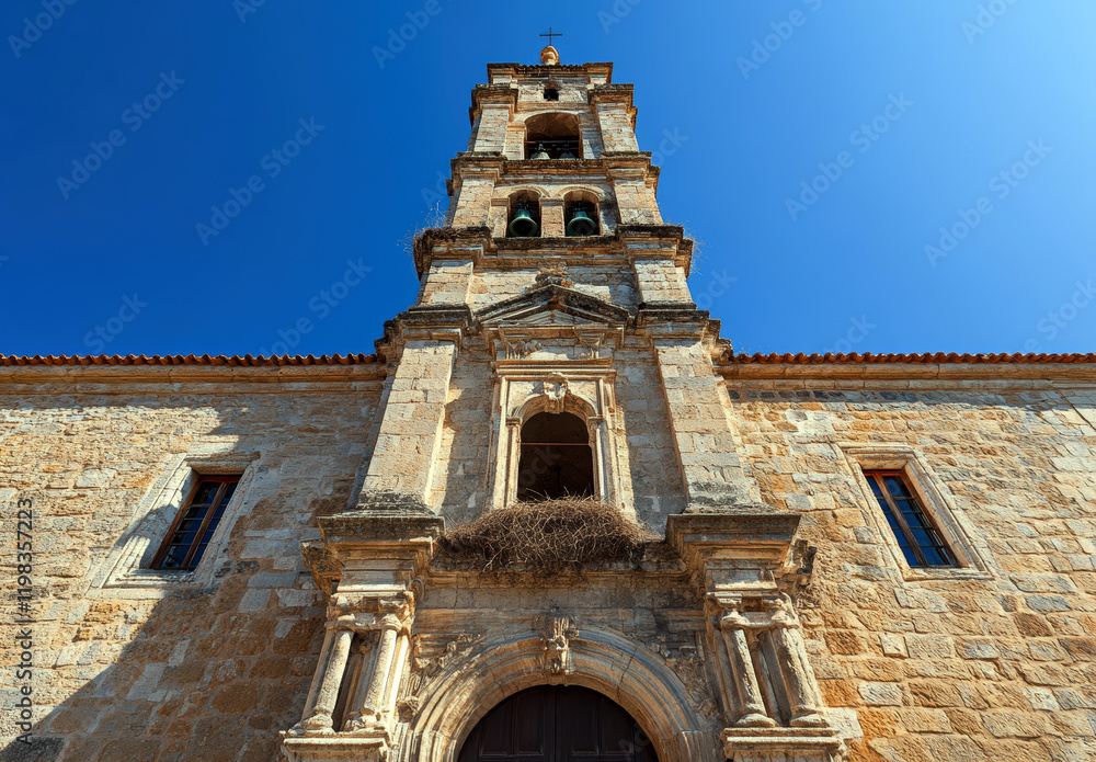 Fototapeta premium A stunning view of a historic church tower, crafted from stone, showcasing intricate architectural details against a vivid blue sky.