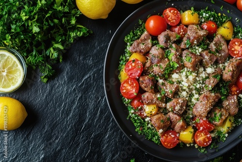 Tasty Lebanese cuisine authentic sfihas on a dark granite surface with tomatoes and lemons photo