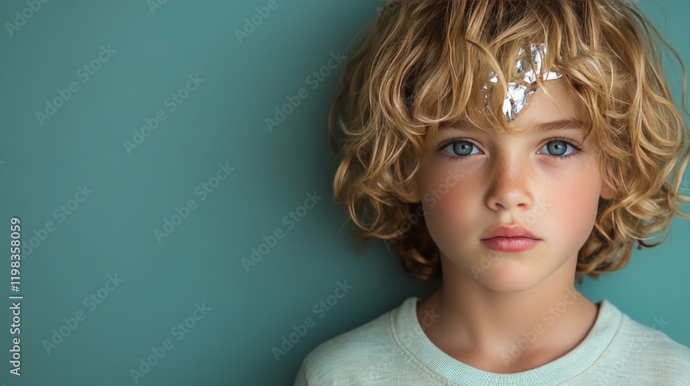 Thoughtful young boy with curly hair and blue eyes, gazing confidently at the camera, wearing a light green shirt against a soft teal background, showcasing a unique candor. Thoughtful young boy with curly hair and blue eyes, gazing confidently at the camera, wearing a light green shirt against a soft teal background, showcasing a unique candor.