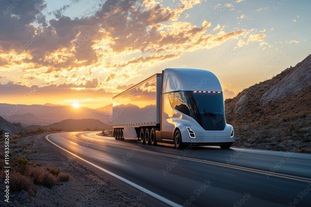 A modern white semi truck drives along winding highway through rugged mountains at sunset, creating stunning golden scene