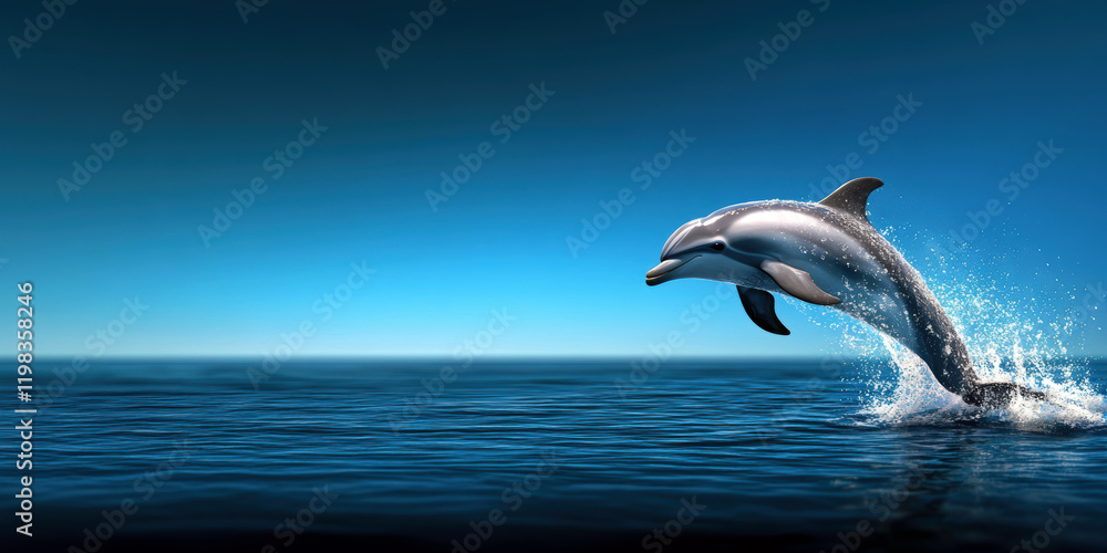 Fototapeta premium A beautiful dolphin gracefully leaps above the calm ocean waters, creating a mesmerizing splash.
