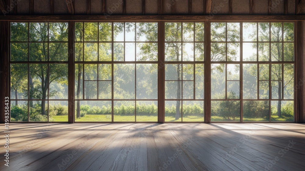 Serene Sunrise View Through Expansive Windows in a Rustic Wooden Room Serene Sunrise View Through Expansive Windows in a Rustic Wooden Room