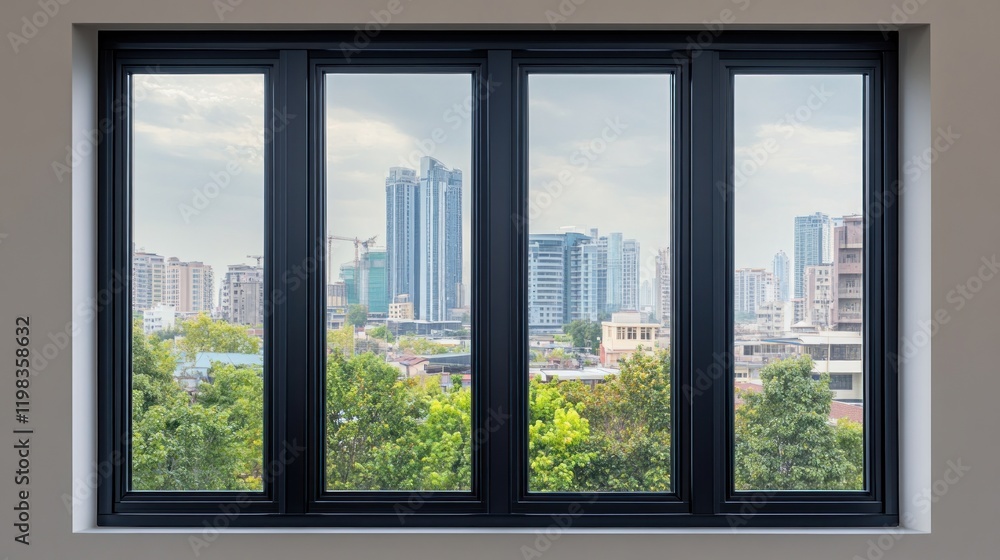Cityscape View Through a Modern Window Cityscape View Through a Modern Window