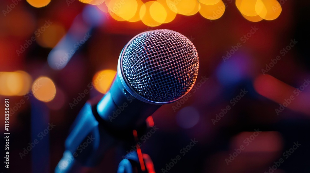 Close-up of microphone in modern broadcast studio setting