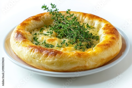 Thyme topped Lebanese flatbread on a white backdrop photo