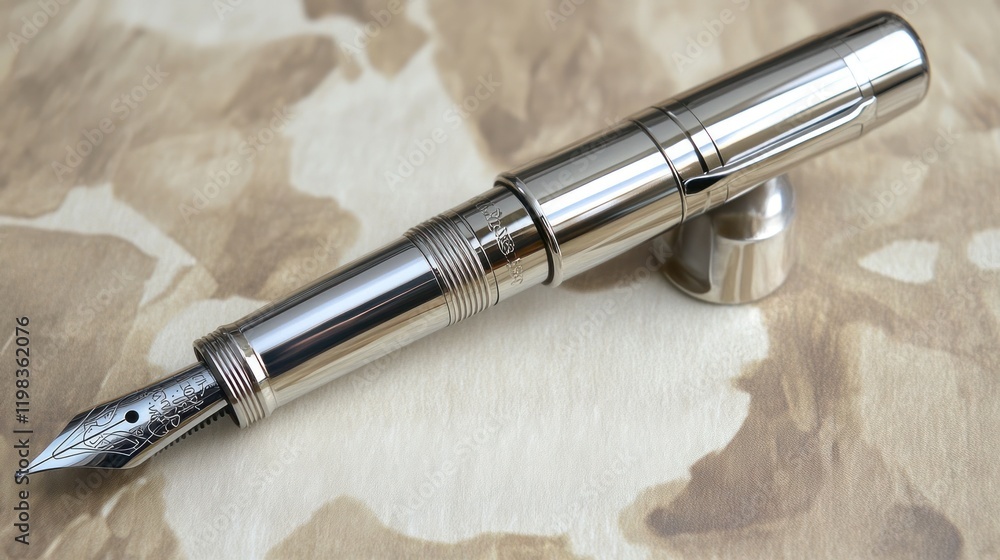 Naklejka premium Elegant Sterling Silver Fountain Pen on Beige Background