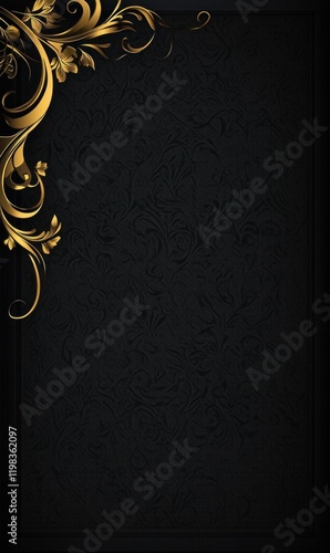 Gold ornate corner design on black textured background; invitation template