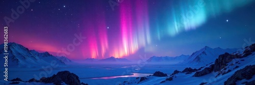 Flashing crystalblue aurora against magenta nebula, stunning night scene , sparkling, spectacle photo