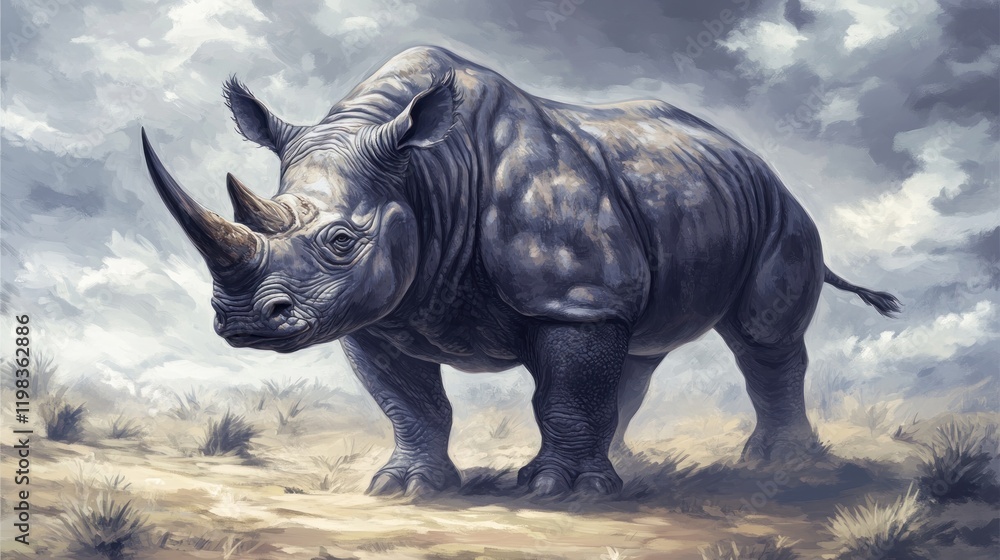 Fototapeta premium Majestic Rhino in Serene Landscape: A Digital Painting