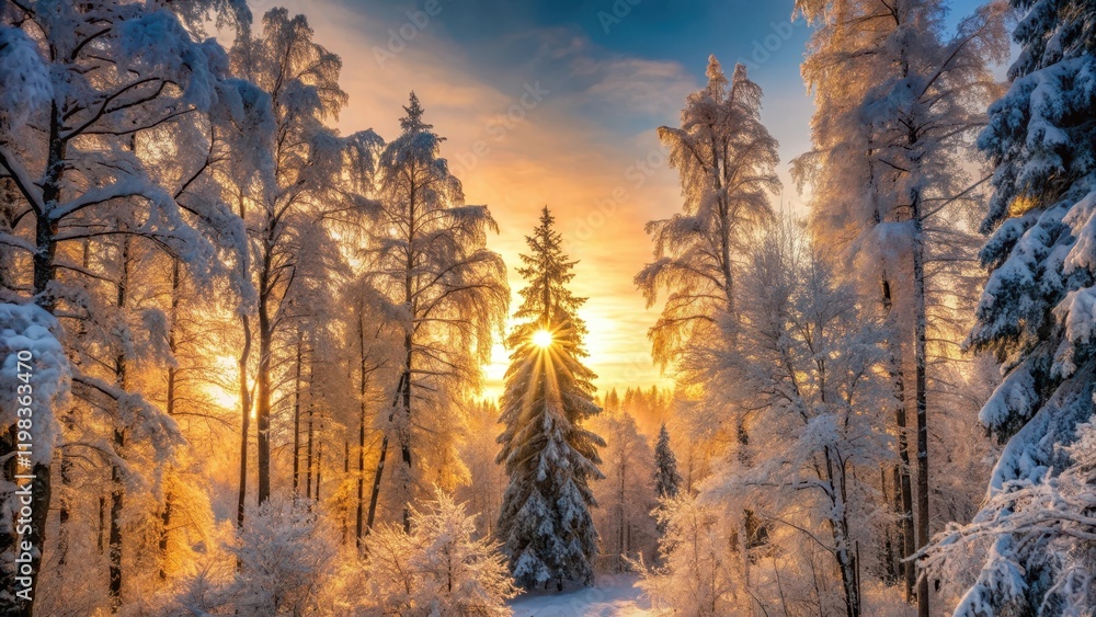 Fototapeta premium Golden Hour in a Winter Wonderland Sunlight Beams Through Snow-Covered Trees in a Serene Forest Scene