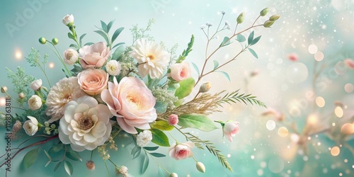 A Delicate Arrangement of Pastel Roses, Daisies, and Delicate Greenery, Capturing a Serene and Romantic Floral Composition Against a Soft, Dreamy Background