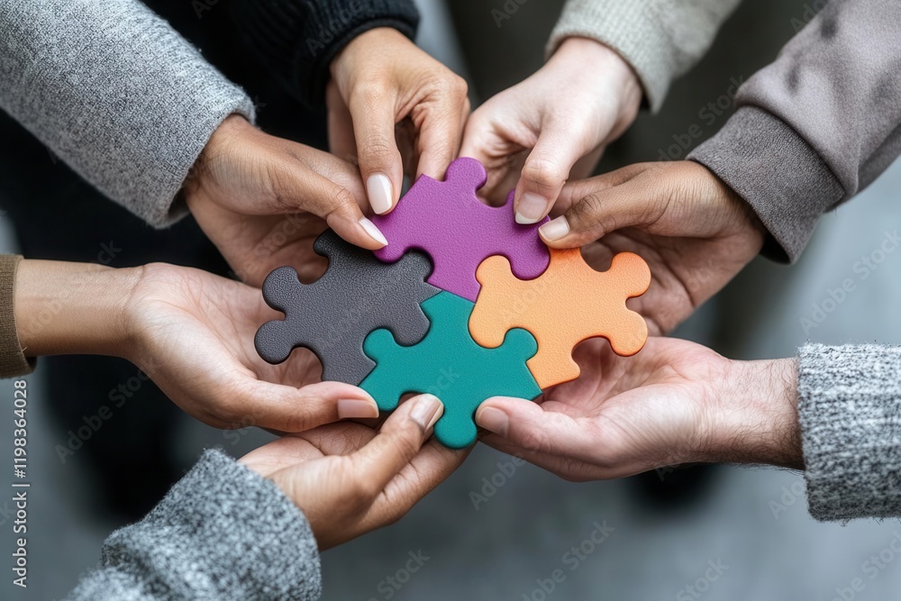 Close-up of diverse hands forming a circle around a colorful puzzle piece, Developmental Disability Awareness Month, symbolizing unity and inclusion,