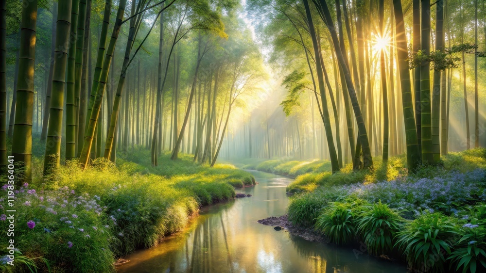 Fototapeta premium Serene Sunrise in a Bamboo Forest with a Gently Flowing Stream