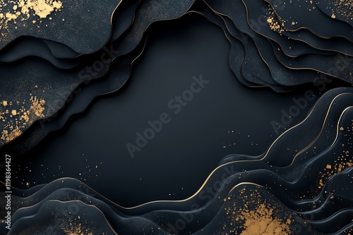 Experience luxury with our 3D black and gold abstract wallpaper, featuring organic shapes and a central blank space for your text. High-quality textures in 8k resolution highlight intricate details