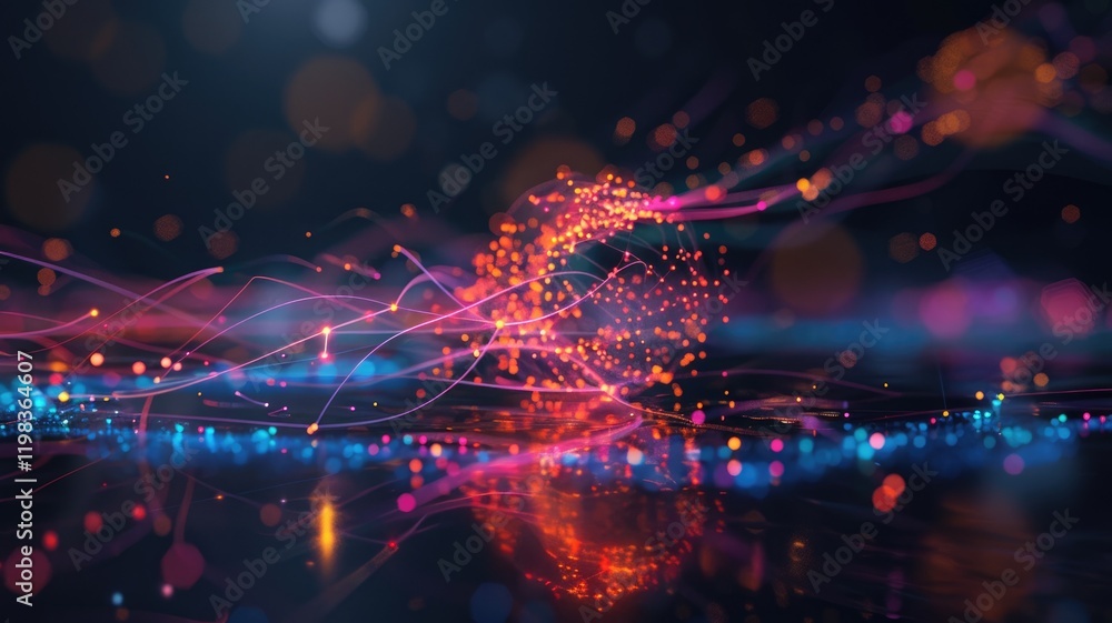 Fototapeta premium Explore a vibrant 3D digital model of deconstructed coins connected by flowing light effects. Perfect for artistic and technology-themed designs.
