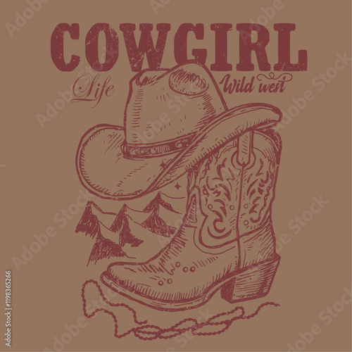 Cow Girl wild west. cow boy head. boot. mountain. desert prints.  summer prints. vintage print artwork. hand drawn sketch. vector design. t - shirt design. . typography text with slogan.