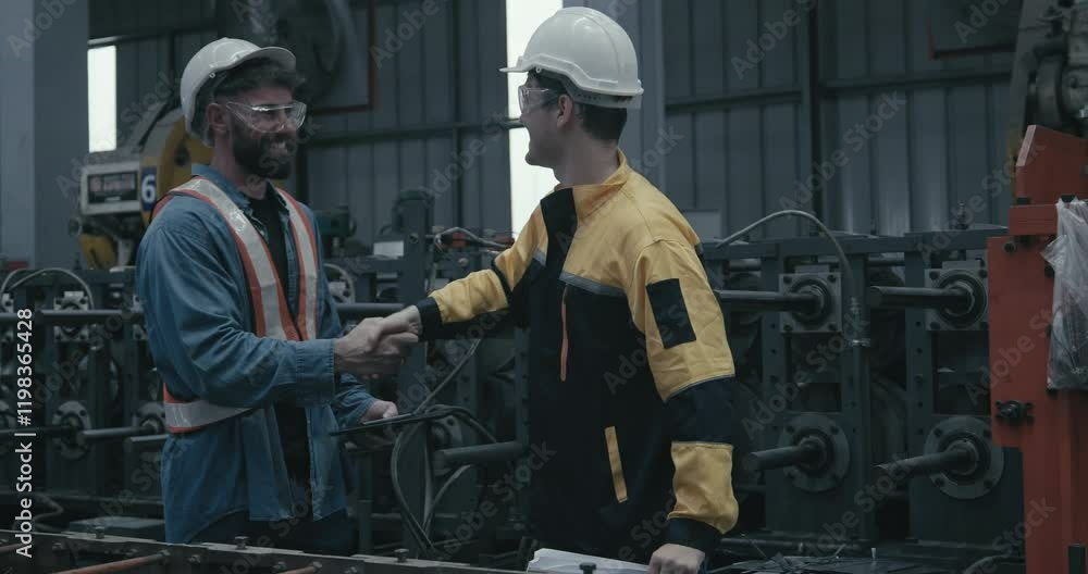 Metal sheet workers inspecting blueprint in factory setting ...