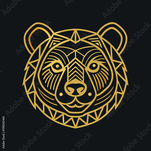 Stylish gold bear head illustration on black background with geometric design