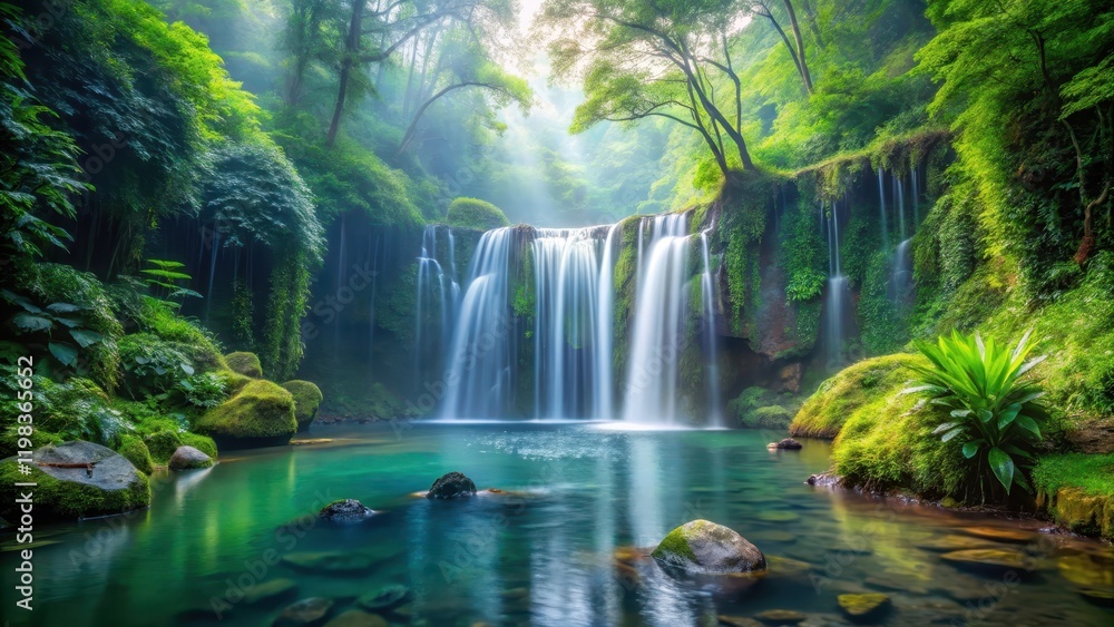 Serene Waterfall Cascading into a Lush Emerald Pool, Surrounded by Vibrant Green Foliage and Moss-Covered Rocks in a Tranquil Forest Serene Waterfall Cascading into a Lush Emerald Pool, Surrounded by Vibrant Green Foliage and Moss-Covered Rocks in a Tranquil Forest