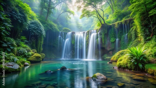 Serene Waterfall Cascading into a Lush Emerald Pool, Surrounded by Vibrant Green Foliage and Moss-Covered Rocks in a Tranquil Forest