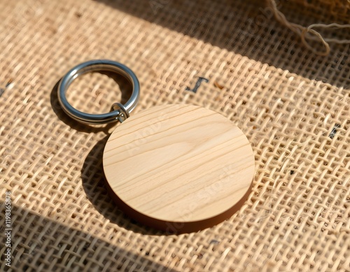 Round wooden keychain resting on burlap surface in sunlight