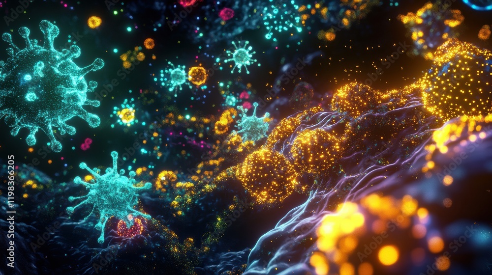 Fototapeta premium Molecular interactions among diverse microbes in a vibrant, dynamic environment. Generative AI