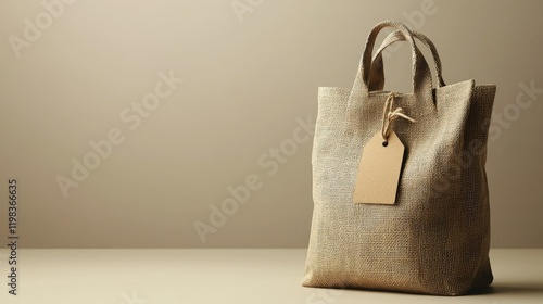 Bag with a tag attached for identification purposes on a solid background