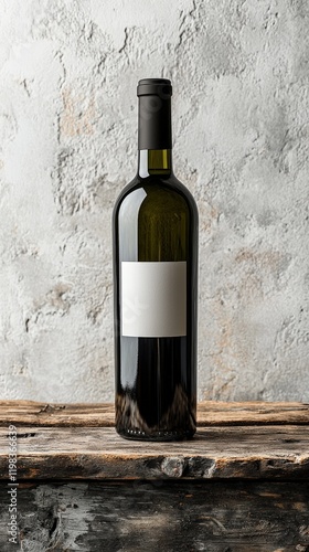 Bottle of wine placed on rustic wooden table in a cozy setting with natural lighting