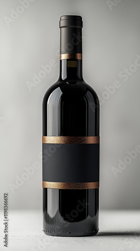 Bottle of wine with a gold stripe on the label placed on a wooden table background