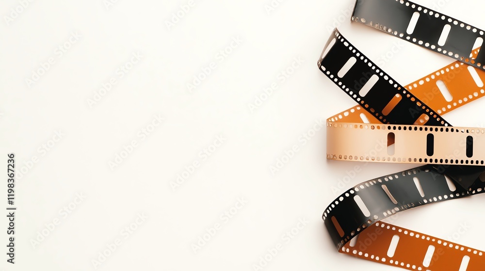 Obraz premium A close-up of film strips in black and orange hues, arranged artistically on a light background, evoking nostalgia for classic cinema.
