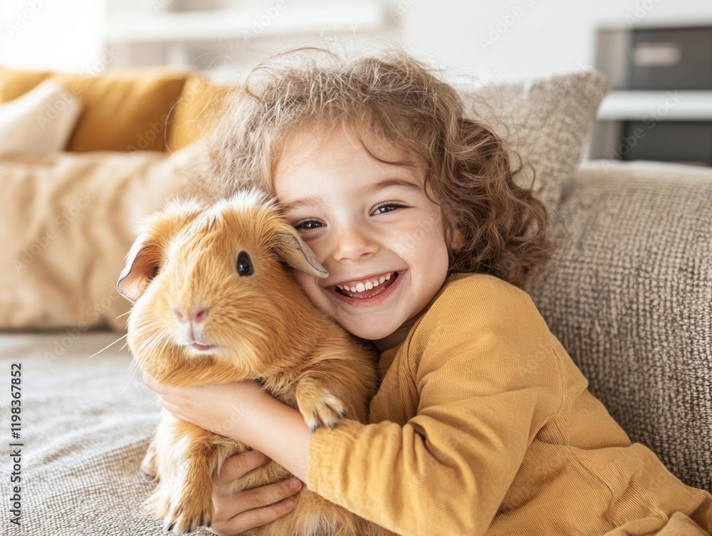 A child gently holding a rescued guinea pig with a big smile, Adopt a Rescued Guinea Pig Month, showcasing the joy and love these pets bring,