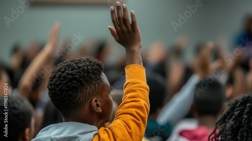 A lively high school classroom with students raising their hands to answer.