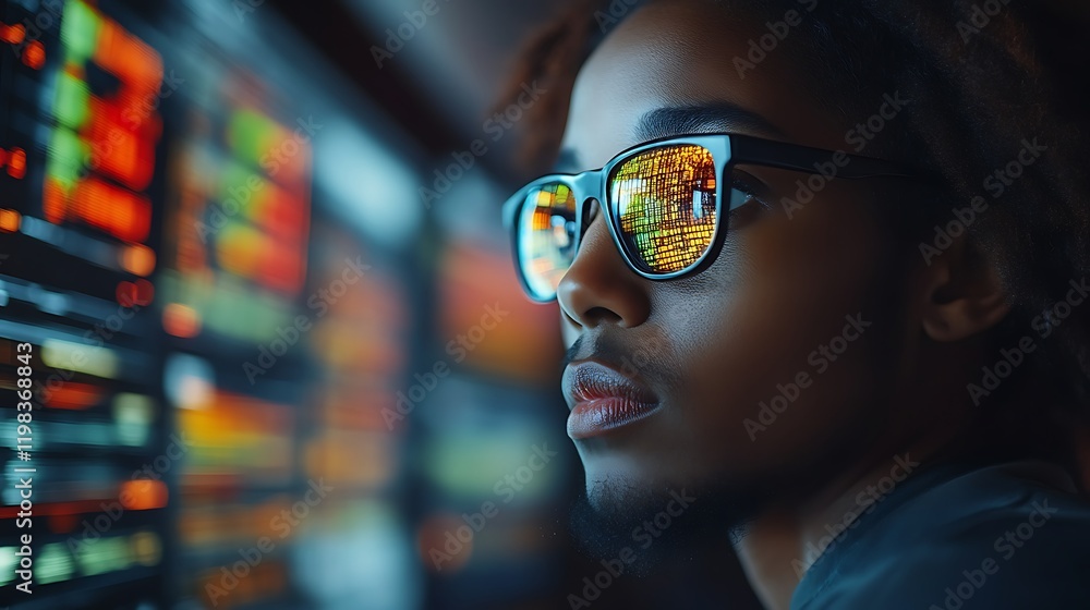 Focused young man reviewing data on screens. Focused young man reviewing data on screens.