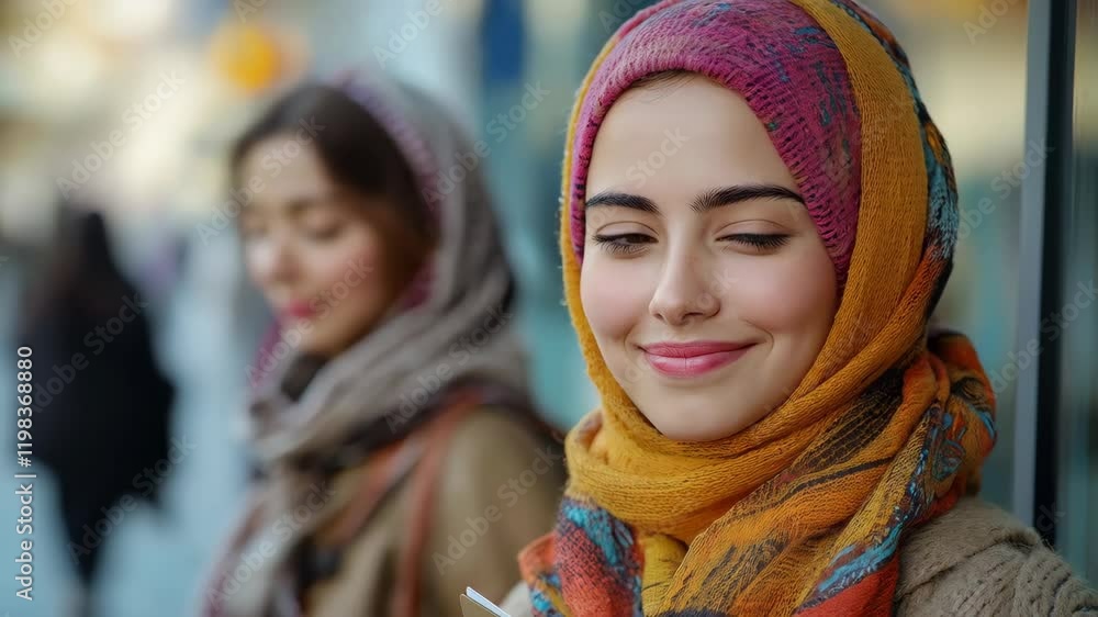 A joyful Middle Eastern woman in a colorful hijab smiling, with another woman softly blurred in the background, showcasing cultural fashion. A joyful Middle Eastern woman in a colorful hijab smiling, with another woman softly blurred in the background, showcasing cultural fashion.
