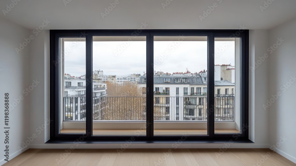 Fototapeta premium Parisian Apartment View: A Modern Interior with Breathtaking Cityscape