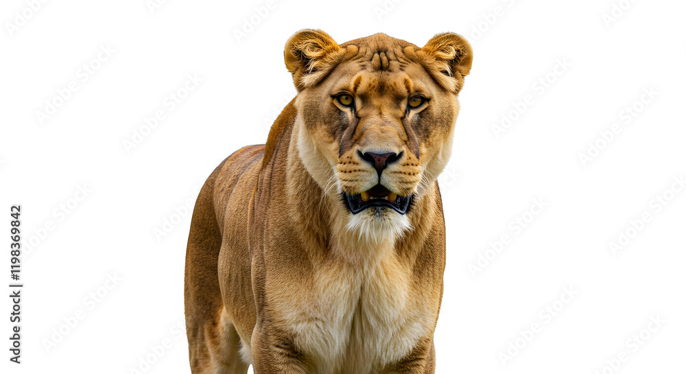 On a plain white background, a lone lioness reveals her menacing teeth.
On a plain white background, a lone lioness reveals her menacing teeth.