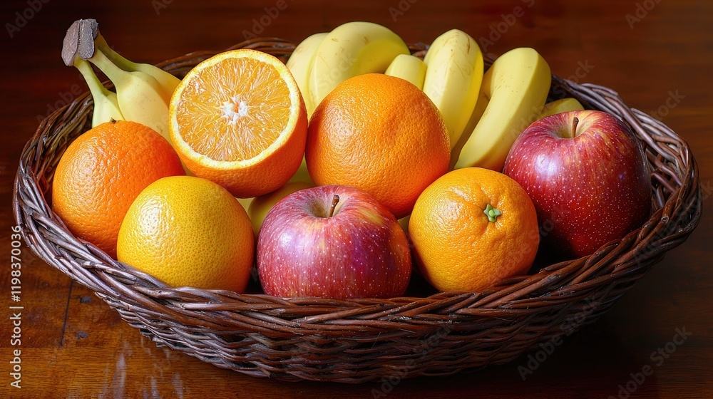 A basket of fresh fruits, including apples, oranges, and bananas, on a wooden table. A basket of fresh fruits, including apples, oranges, and bananas, on a wooden table.